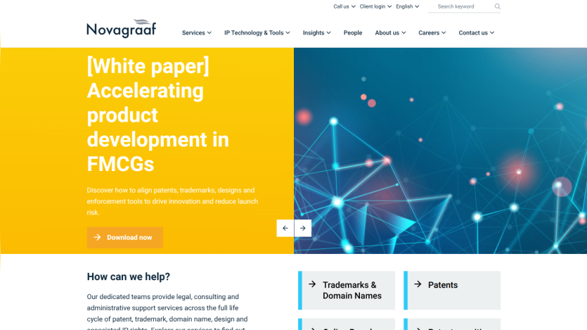 Novagraaf website offering a white paper on accelerating product development in FMCGs with download option and service categories