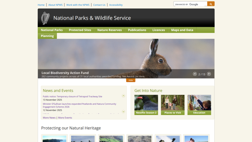 National Parks & Wildlife Service homepage with navigation, Local Biodiversity Action Fund hero, news, and nature engagement sections
