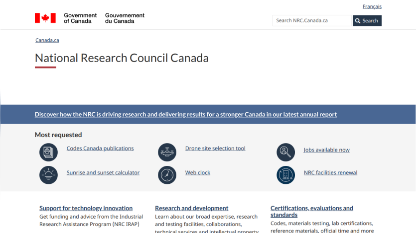 National Research Council Canada homepage featuring key services and publications.