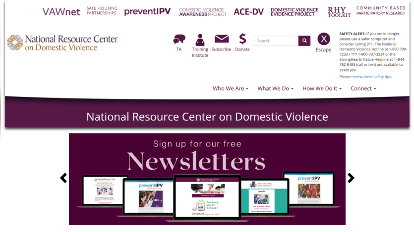 National Resource Center on Domestic Violence website header with navigation and newsletter sign-up promotion
