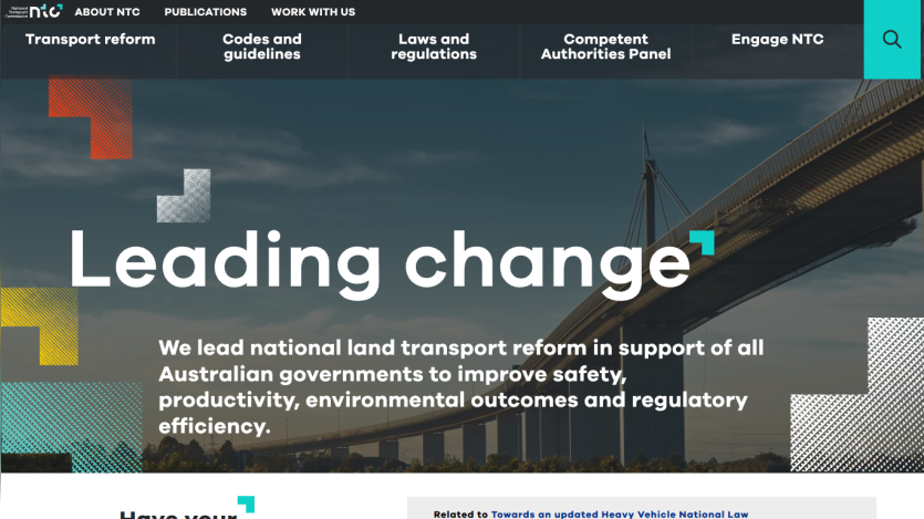 National Transport Commission homepage with headline Leading change and description of land transport reform in Australia