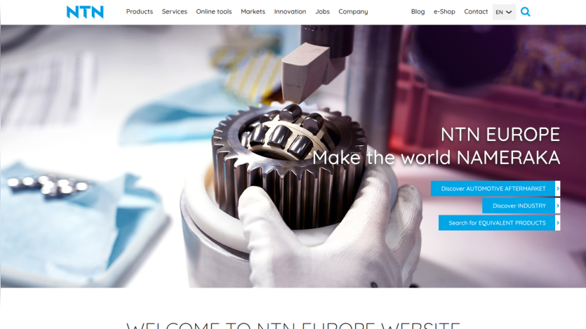 NTN Europe homepage featuring a gear and text promoting their services.