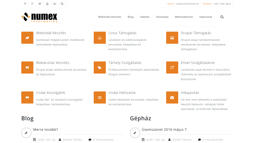 Numex Informatika homepage showing services like web development, Linux support, Drupal support, and blog updates.