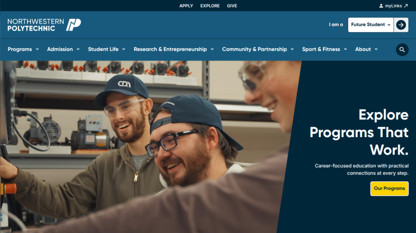 Northwestern Polytechnic homepage with navigation menu and hero section promoting career-focused programs