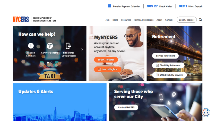 NYC Employees' Retirement System homepage with pension info, login, retirement services, updates, and contact options