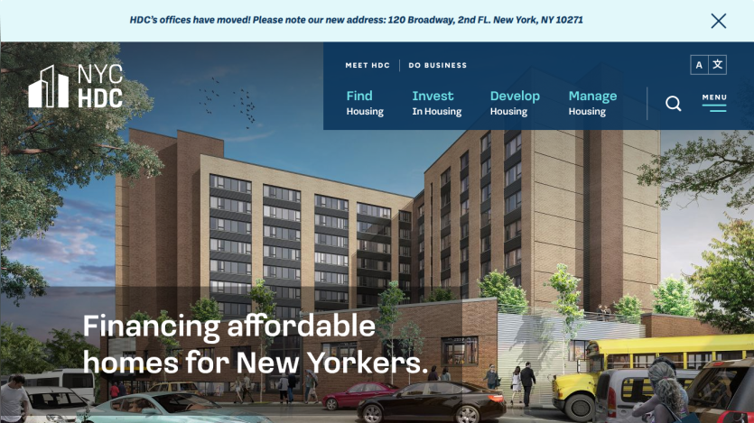 NYC HDC homepage with navigation and headline about financing affordable homes for New Yorkers.