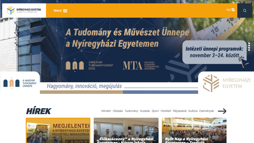 University of Nyíregyháza homepage featuring Science and Art Celebration event and news highlights