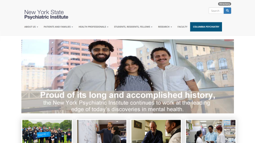 New York State Psychiatric Institute homepage with navigation and hero section highlighting its history and mental health research