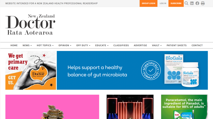 New Zealand Doctor website homepage with navigation menu and advertisements supporting gut health and primary care