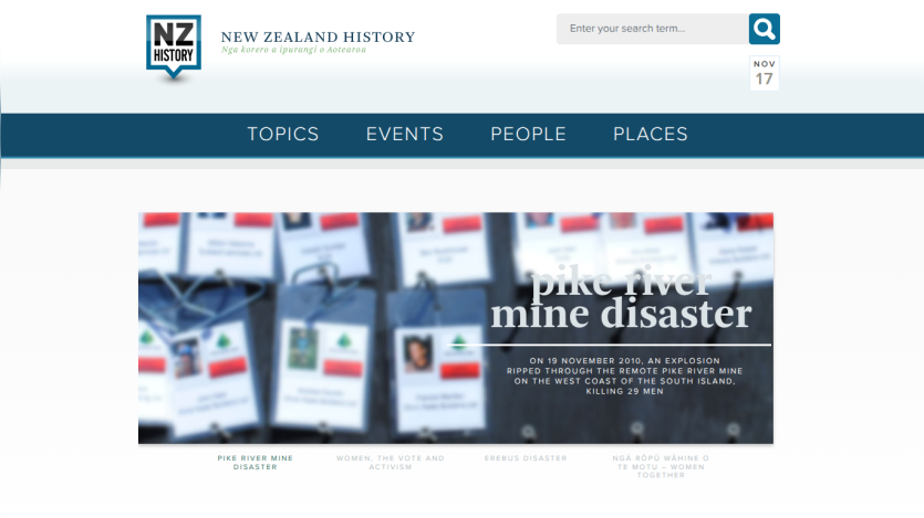 New Zealand History website with navigation and a hero section about women, the vote and activism