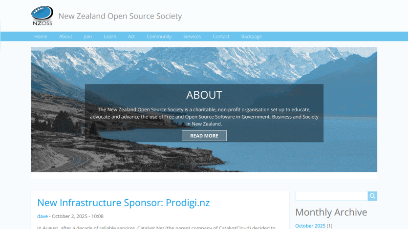 New Zealand Open Source Society homepage with navigation and an about section describing its mission to promote free and open source software in New Zealand