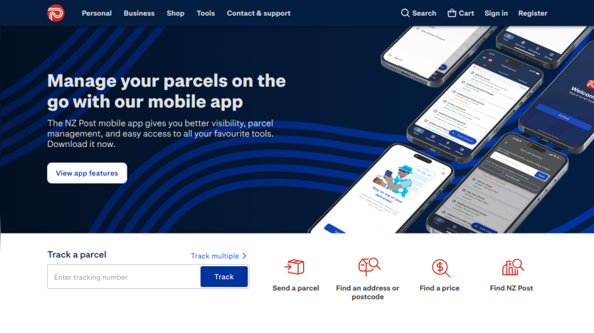 Homepage of the NZ Post mobile app showcasing features and tracking options.