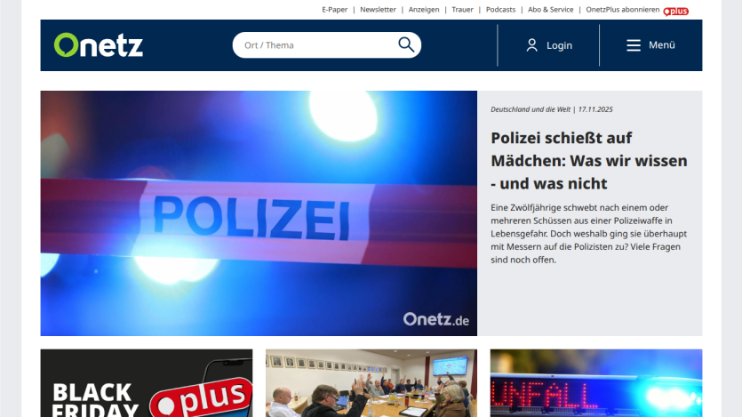 News site Onetz with headline about police shooting a girl, dated 17.11.2025, and related images below