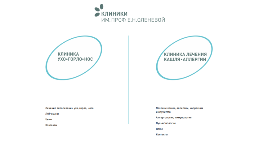Clinic website with sections for ear, throat, nose treatment and cough, allergy treatment with contact info
