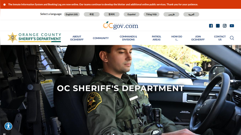 Orange County Sheriff's Department homepage with a deputy in a patrol car and navigation menu