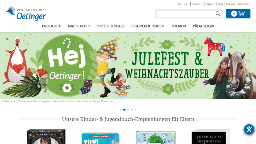 Children's book publisher Oetinger website with Christmas-themed hero banner and book recommendations for parents