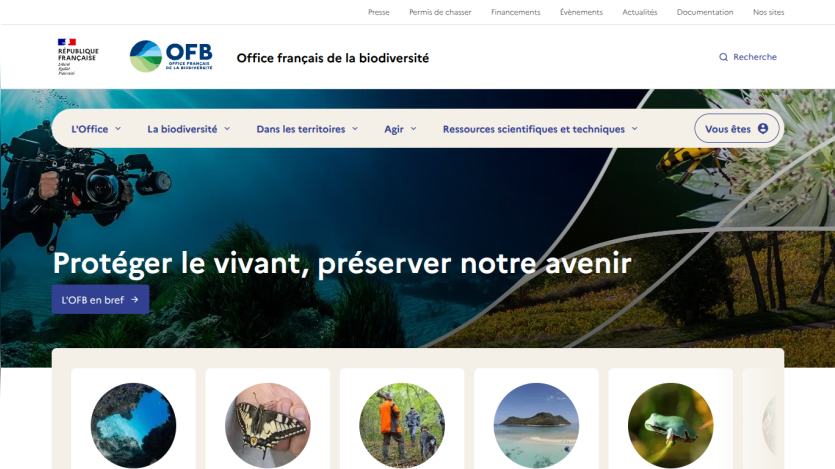 French Office for Biodiversity homepage with navigation and hero banner stating 'Protect living things, preserve our future'.