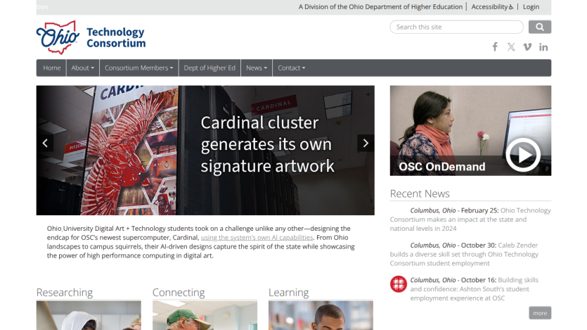 Ohio Technology Consortium homepage featuring AI-driven digital art on supercomputer Cardinal and recent news updates