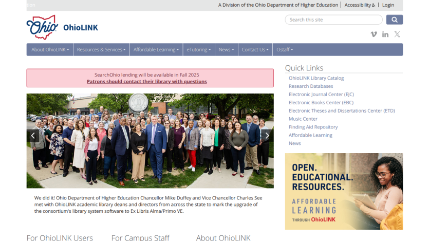 OhioLINK homepage featuring a group photo and navigation links for resources and learning.