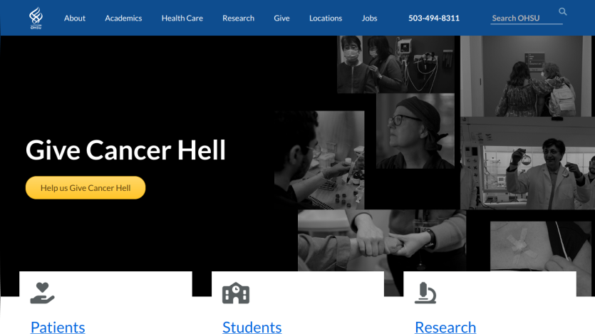 Homepage promoting cancer care with a call to action and navigation options.