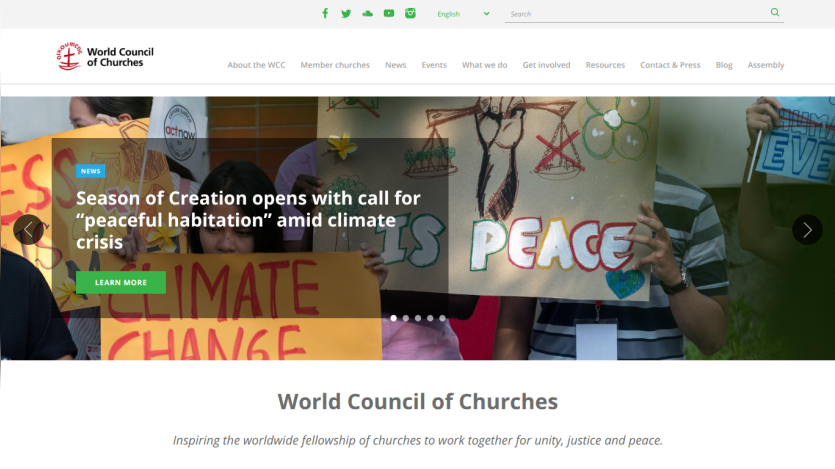 World Council of Churches homepage promoting climate action with a call for peace.