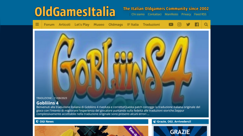 OldGamesItalia homepage featuring a large Gobliiins 4 translation patch announcement with navigation menu and social icons