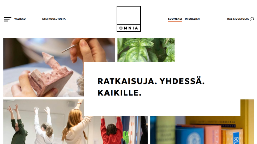 Website header with navigation and a hero section showing hands crafting, plants, people exercising, and books with the text 'Solutions. Together. For all.'