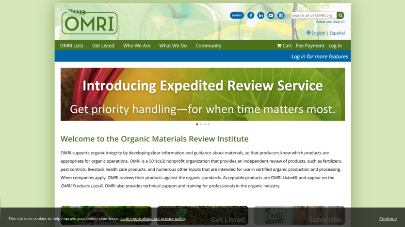 OMRI homepage with navigation, search, and hero banner introducing expedited review service for organic materials