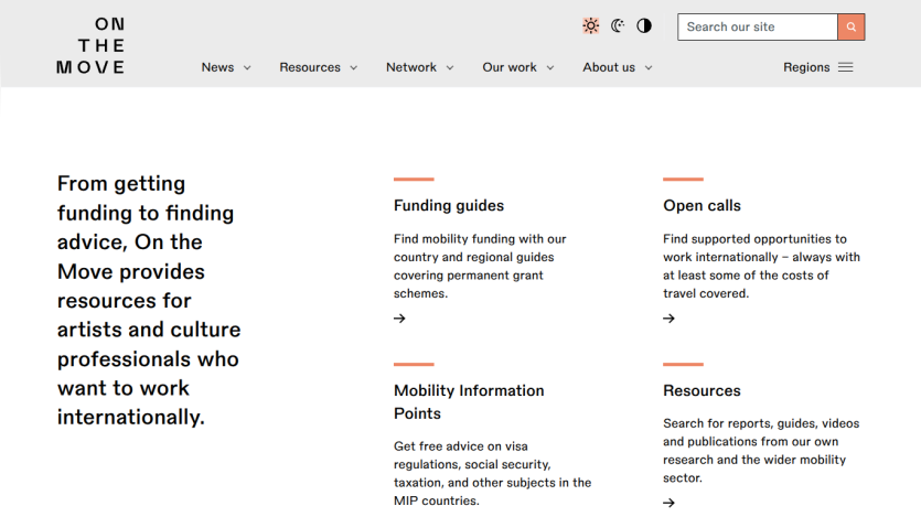 On the Move website offers resources for artists and culture professionals to work internationally, including funding guides, open calls, mobility info, and research resources.