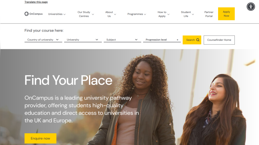OnCampus homepage with navigation, course search filters, and hero section promoting university pathways in the UK and Europe