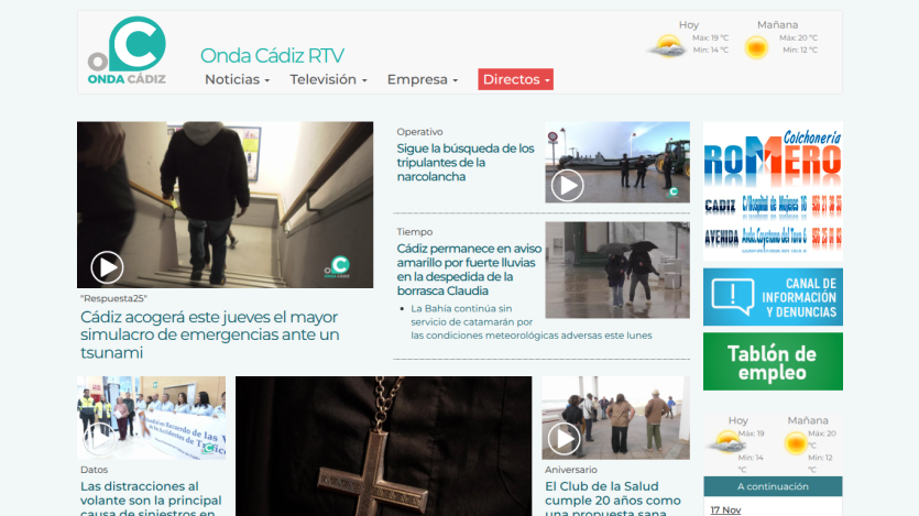 Onda Cádiz RTV homepage with news headlines, videos, weather forecast, and navigation menu