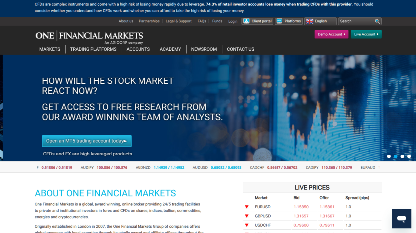 One Financial Markets homepage with stock market research offer, trading account button, live prices, and navigation menu
