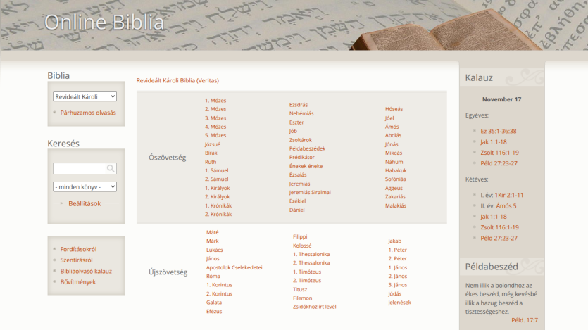 Online Biblia website showing Bible book selection and daily guide with scripture references in Hungarian