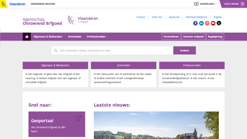 Website homepage with navigation menu, search options, and latest news section in Dutch