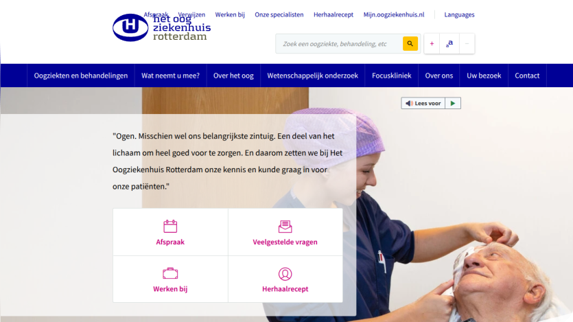 Het Oogziekenhuis Rotterdam homepage with navigation, search bar, quote about eye care, and nurse attending elderly patient