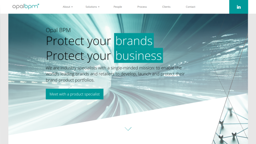 Opal BPM homepage with headline 'Protect your brands, Protect your business' and a call to action button
