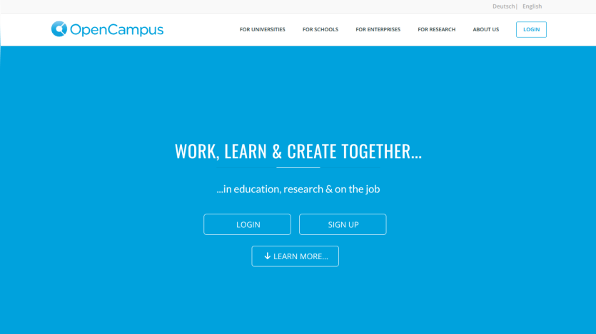OpenCampus homepage with navigation links and a blue hero section inviting users to work, learn, and create together with login and sign up options