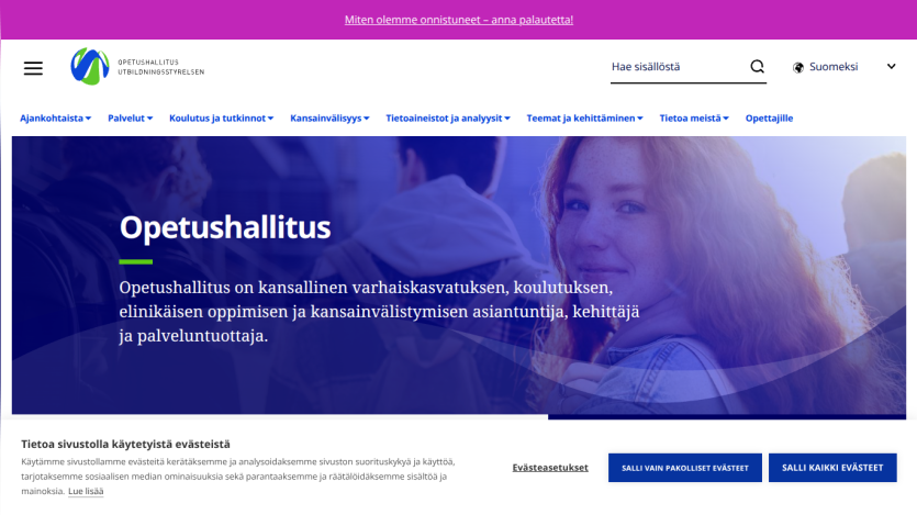 Homepage of Opetushallitus featuring a header, navigation, and introductory text.