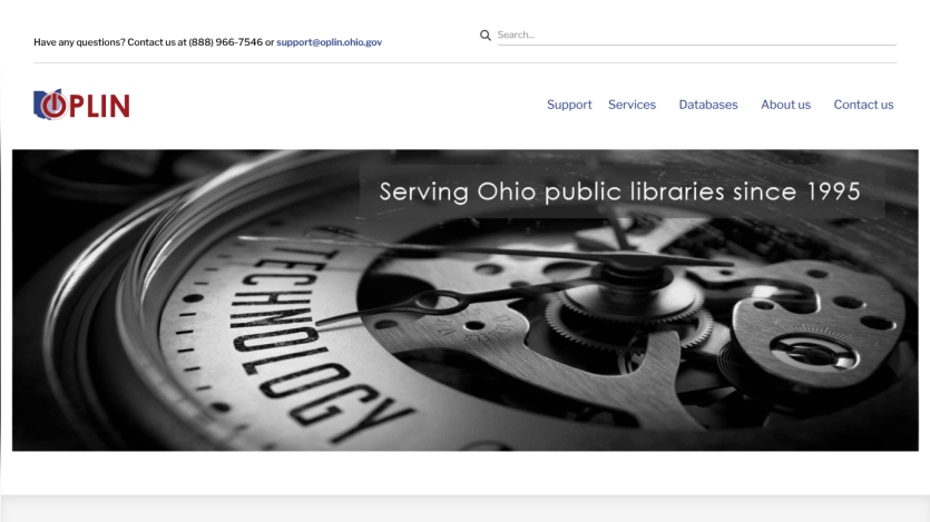 OPLIN website header with navigation and hero image showing 'Serving Ohio public libraries since 1995'