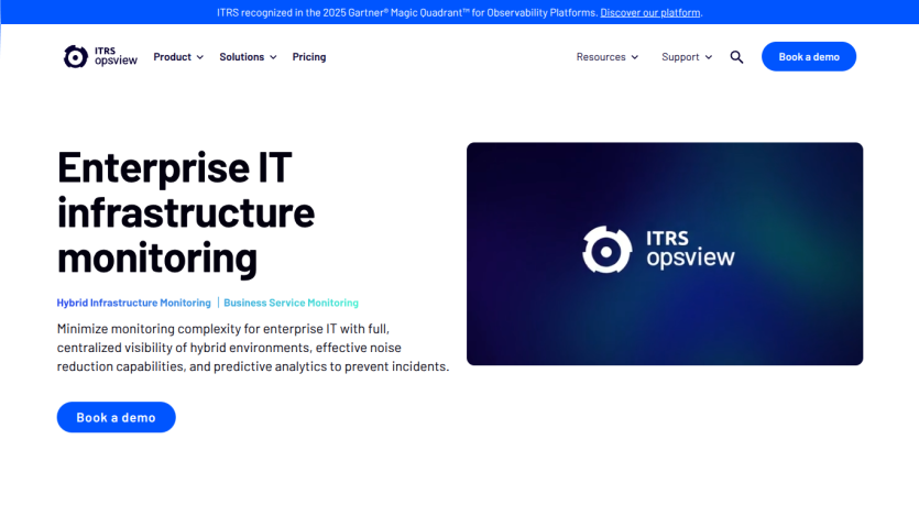Enterprise IT infrastructure monitoring platform with hybrid and business service monitoring, featuring predictive analytics and demo booking