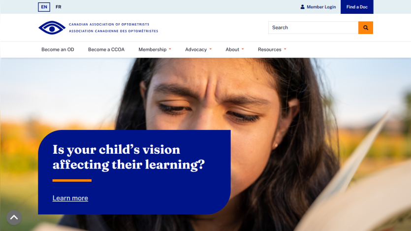 Canadian Association of Optometrists homepage with navigation and a child reading, asking if child's vision affects learning
