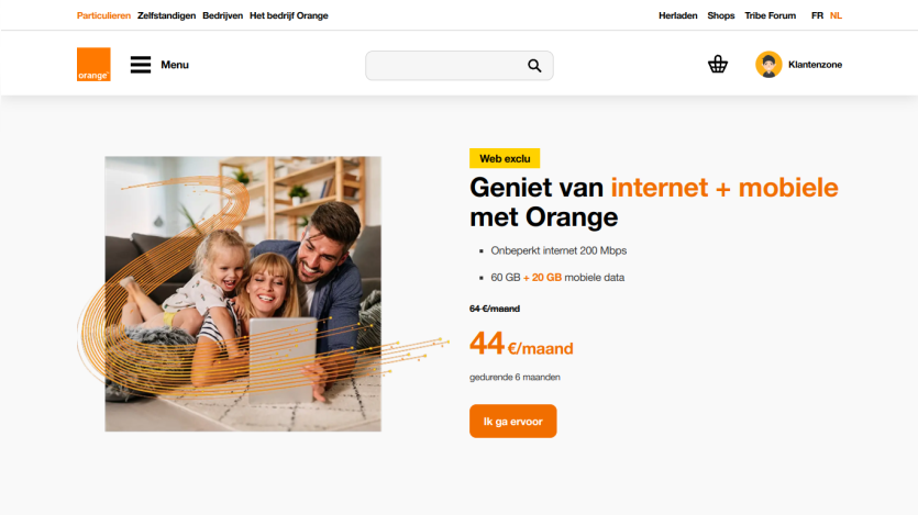 Promotional section for internet and mobile services with pricing and family image.