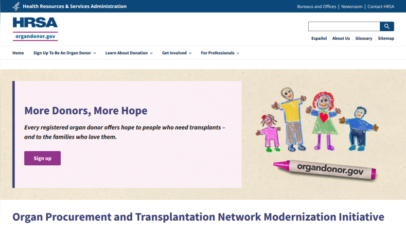 HRSA website promoting organ donation with a call to action to sign up.
