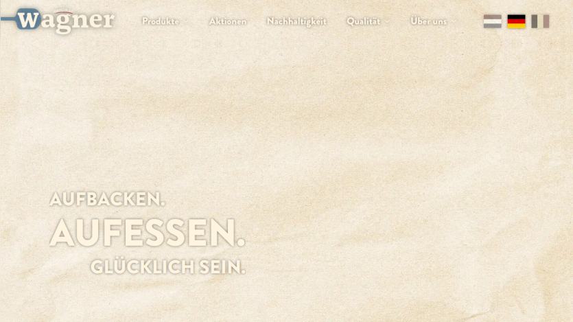 Wagner pizza website with navigation menu and slogan about baking and eating happily