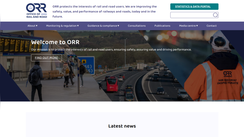 Office of Rail and Road homepage with mission statement and navigation menu