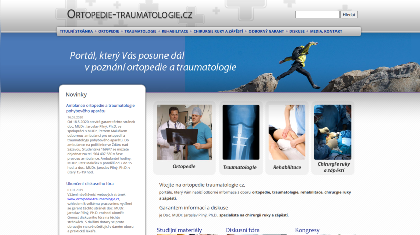 Orthopedics and traumatology portal with navigation menu, hero image of person jumping between rocks, and sections on orthopedics, traumatology, rehabilitation, and hand surgery.