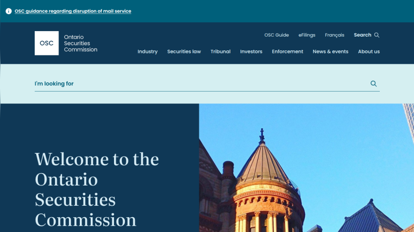 Ontario Securities Commission homepage with welcome message and image of a historic building tower