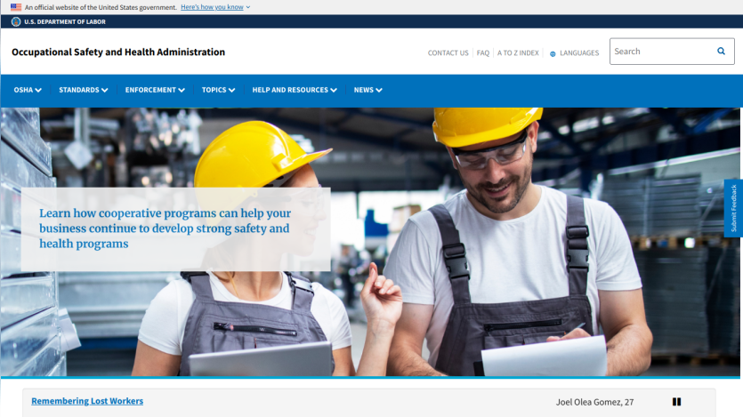 Homepage of OSHA featuring workers in safety gear and a safety program message.