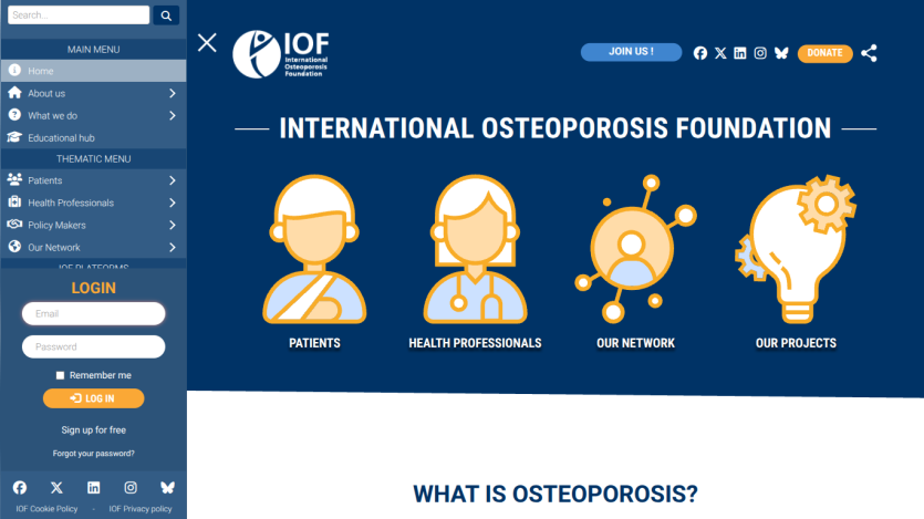 Homepage of the International Osteoporosis Foundation with navigation and key sections displayed.