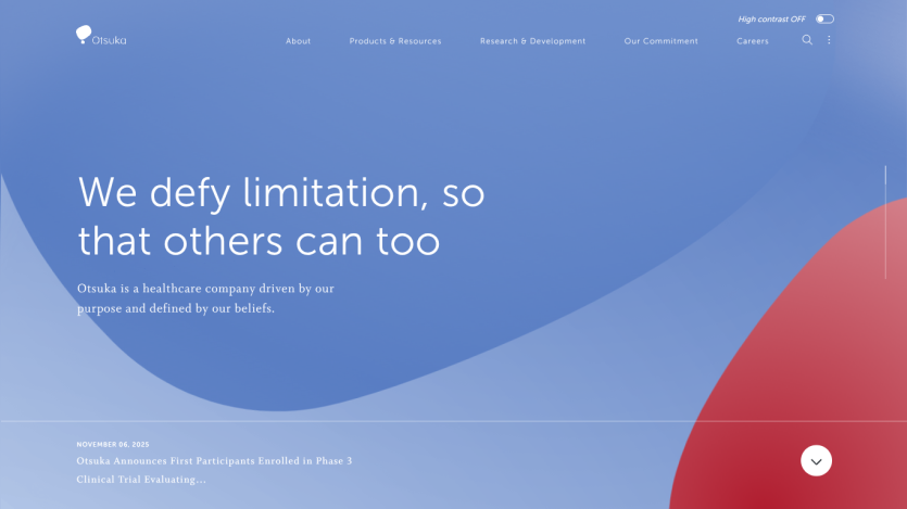 Healthtech company homepage with headline 'We defy limitation, so that others can too' and navigation links